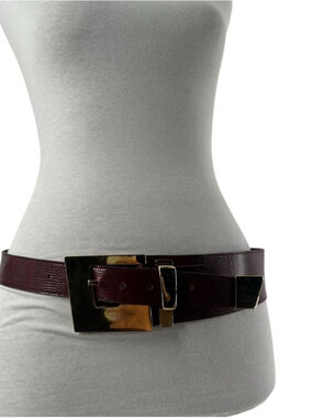 Emmanuel vintage iguana lizard Leather Belt red burgandy Gold asymmetrical Lg